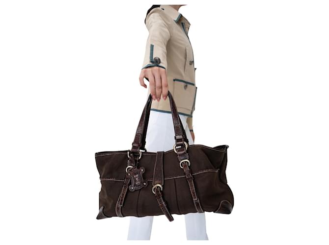 Céline Celine Women's Canvas Leather Handbag Brown wc-st-0057 Cotton  ref.387912