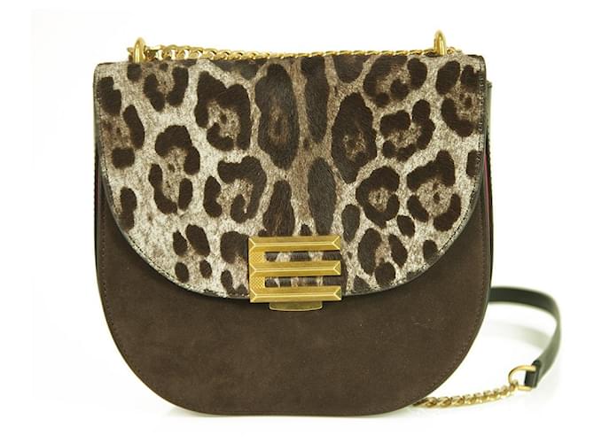 Etro Pegaso suede leather fur crossbody bag messenger shoulder bag leopard brown  ref.388193