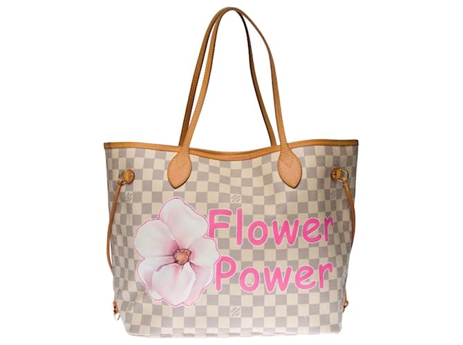 Splendid Louis Vuitton Neverfull MM tote bag in azur damier canvas customized "Flower Power" Beige Leather Cloth  ref.388342