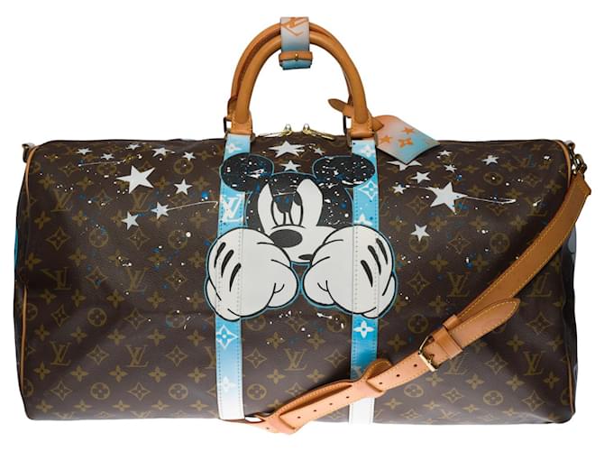 Exceptional Louis Vuitton Keepall travel bag 55 cm shoulder strap in brown monogram canvas and natural leather customized "Mickey Fight Club II" Cloth  ref.388349