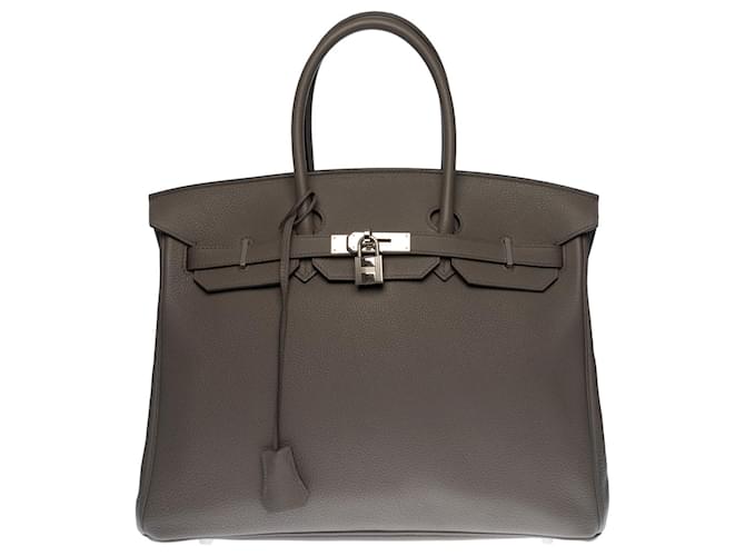 Bolsa Hermès Birkin esplêndida 35 em couro Togo Etain, guarnição de metal prata paládio Cinza  ref.388366