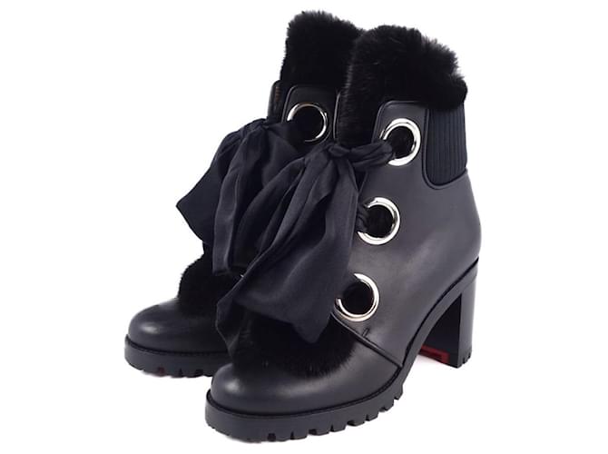 [Used] Christian Louboutin Jenny From The Alps 70 ankle boots Ankle Boots 35 Leather Shoes Shoes Women's Black Size 35 (22cm equivalent) Silk Fur  ref.388548