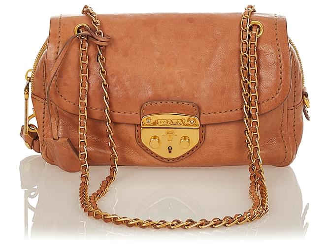 Prada Brown Leather Padlock Shoulder Bag