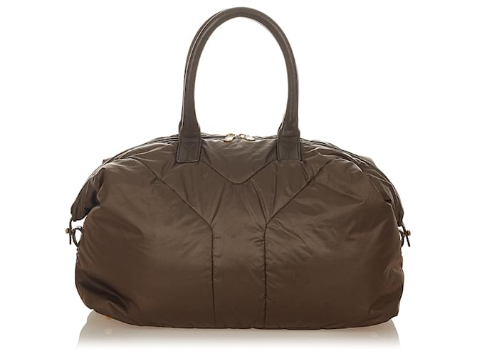 Yves Saint Laurent YSL Brown Easy Nylon Handbag Dark brown Leather Pony ...