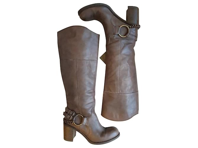 Janet & Janet - Boots with heel and metal chain in taupe brown leather, Rock spirit  ref.389342