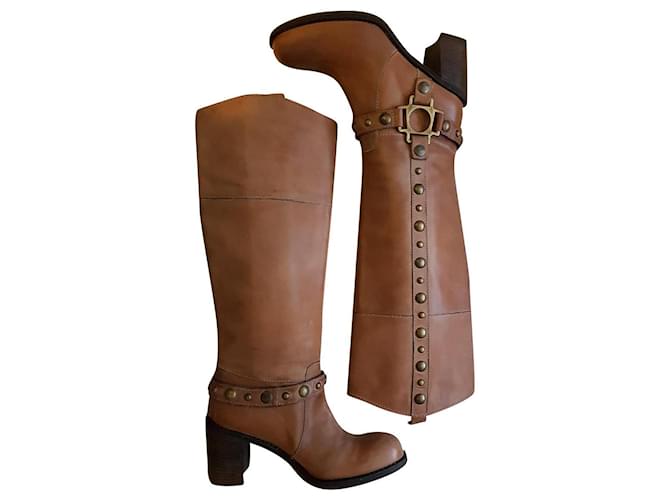 Janet & Janet Tan Tan Tan Leather Heeled Boots With Metal Rivets Beige Light brown Caramel  ref.389345