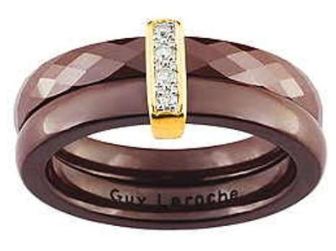 Guy Laroche - Gelbgoldener schokoladenbrauner Keramikring 18K & DIAMANTEN Weiß Dunkelbraun Gelbes Gold Keramisch  ref.389356