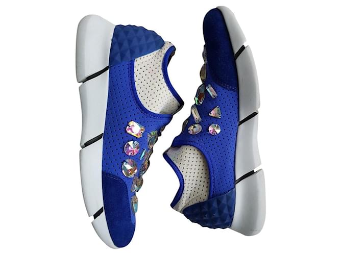 Autre Marque Elena Iachi – Luxe Baskets sneakers slip-on mocassin Tennis Bleu & strass multico semelle blanche Cuir Tissu Multicolore  ref.389567