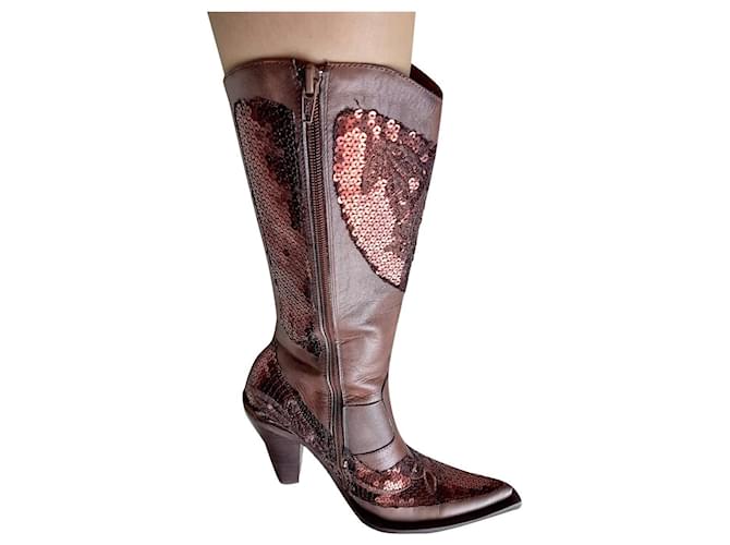 Autre Marque POMPILI cowboy boots in chocolate brown leather and sequins T38  ref.389644