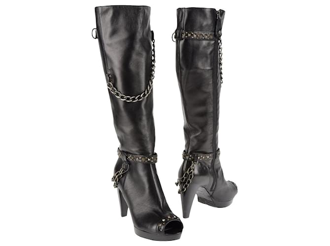 Autre Marque MARE - NEUF - Black leather boots with open toe rock Gothic style heel with silver chains Silvery  ref.389647