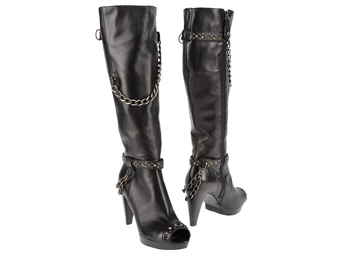 Autre Marque MARE - NEUF - Black leather boots with open toe rock Gothic style heel with silver chains Silvery