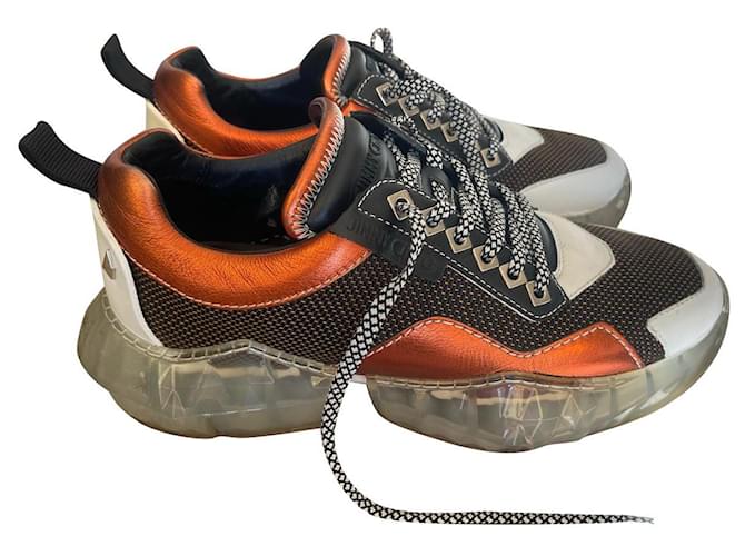 JIMMY CHOO DIAMOND/M Amber Mesh- und Ledermix-Sneaker mit klobiger Plateausohle Schwarz Weiß Orange  ref.389889