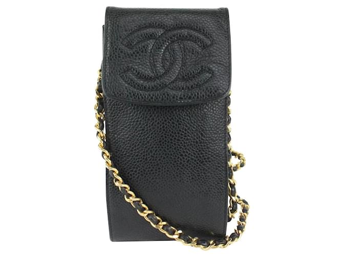 Wallet On Chain Chanel Schwarzes Kaviar-Handyetui mit Kette Leder  ref.390186