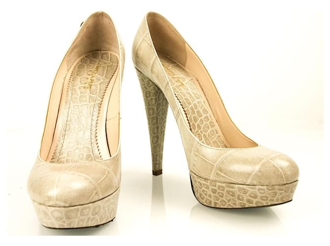 Patrizia Pepe zapatos de salón con puntera redonda en piel de cocodrilo beige 39 Cueros exoticos  ref.391340