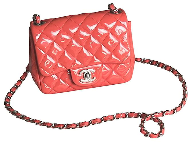 Chanel Pink Quilted Patent Leather Mini Square Flap Bag Silver