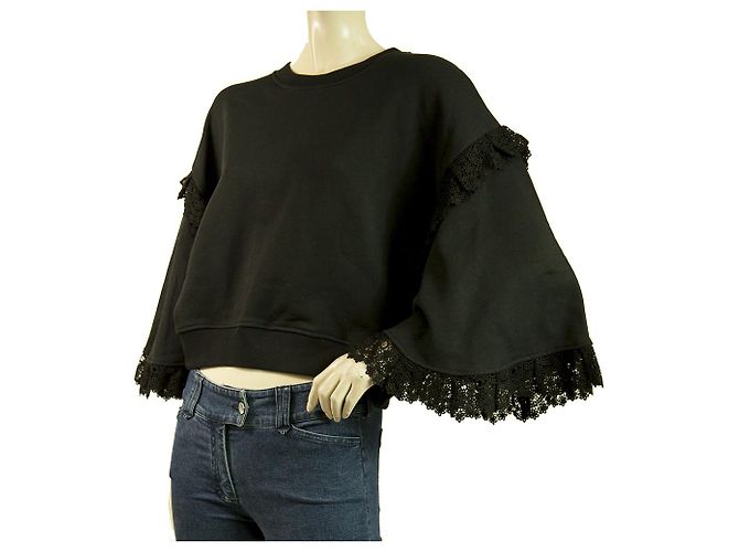 MSGM Mangas largas anchas negras w. Suéter Crop Top De Algodón De Encaje Talla S Negro