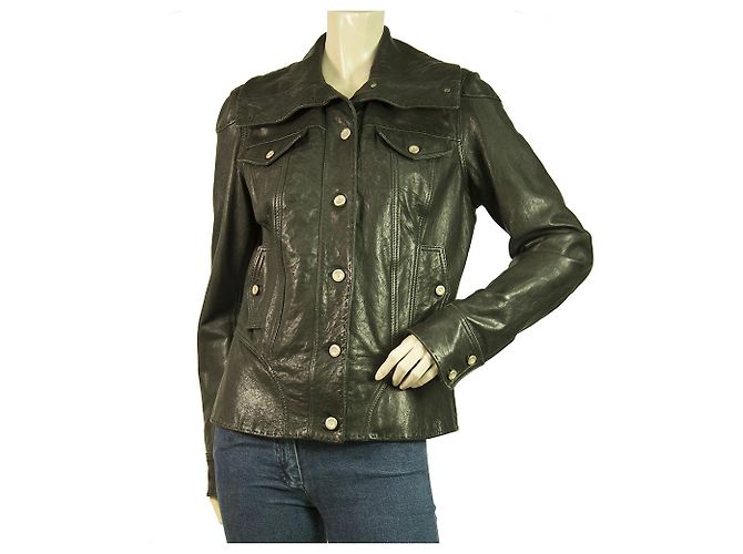 Jaqueta Trussardi Jeans Preto Couro Afastado Designer Biker Tamanho 44