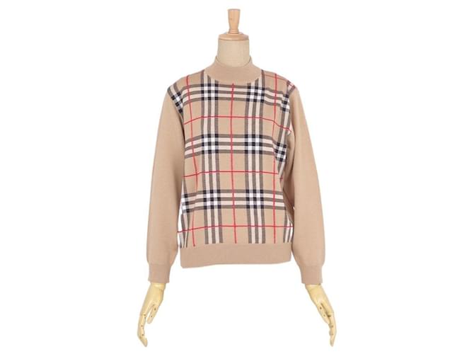 [Usagé] Vintage Burberry Burberrys Pull en tricot à carreaux à col haut SP Laine Cachemire Tops Dames Beige Dames Tricot Vintage  ref.391739