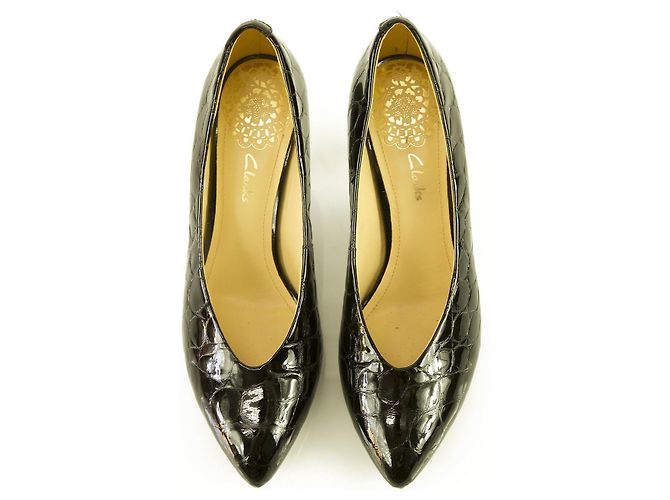Clarks Schwarz Croco Embossed Lackleder Spitzschuh Pumps Heels Schuhe DE 7