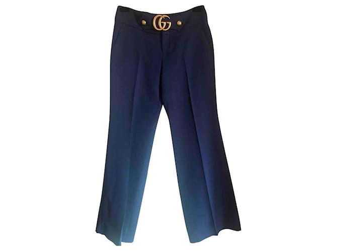 GUCCI PANTS BLUE GG MARMONT BOUCKLE NEW Silk Wool  ref.128144