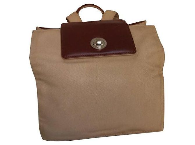 Bulgari leather canvas backpack bag Brown Beige