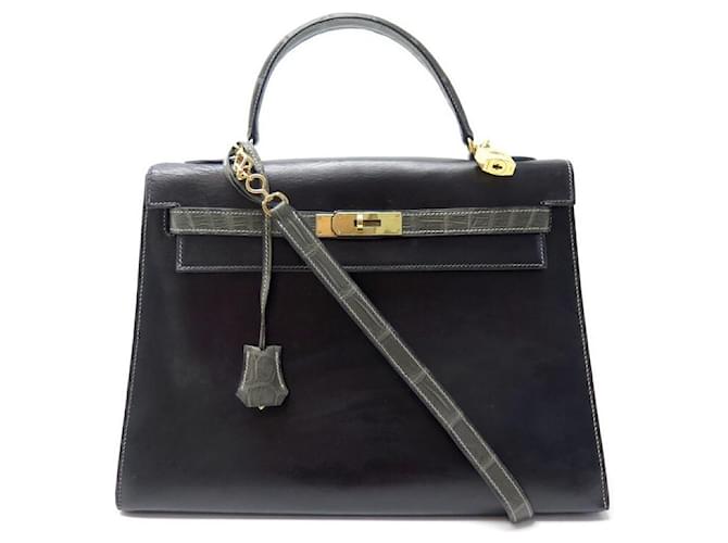 Hermès VINTAGE SAC A MAIN HERMES KELLY 33 EN CUIR BOX & CROCODILE BANDOULIERE HAND BAG  ref.392276