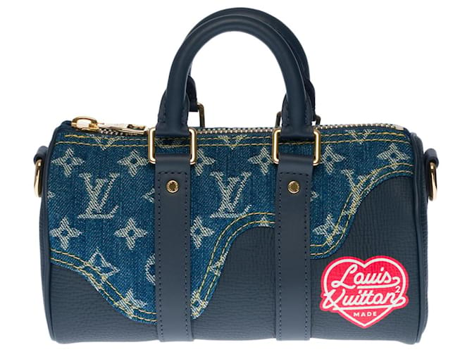 Louis Vuitton Blue Denim Handbag Red Leather Straps