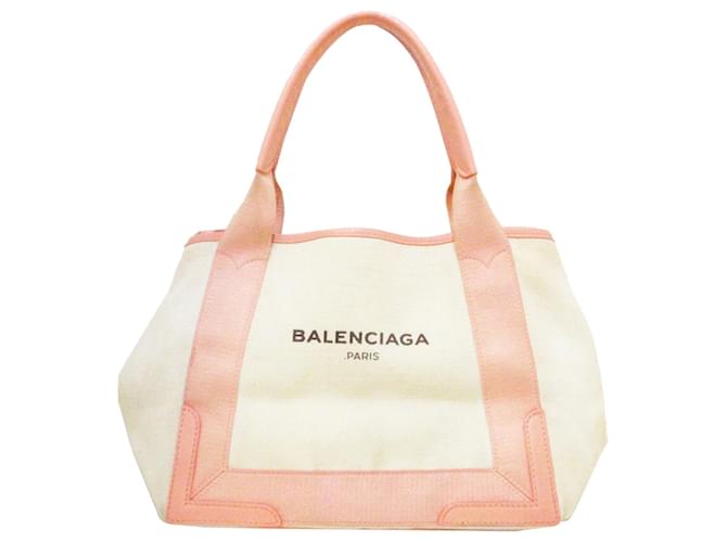 Balenciaga White Navy Cabas S Canvas Tote Bag Pink Leather Cloth