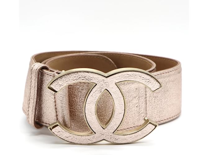Chanel Rose Gold Metallic CC Buckle Belt Size 80/32 Pink Leather