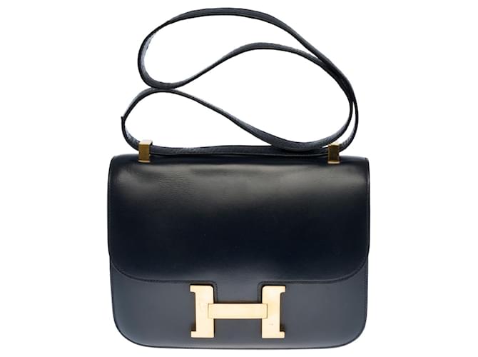 Splendid Hermès Constance bag 23 in navy blue box leather, plated metal trim  ref.393260