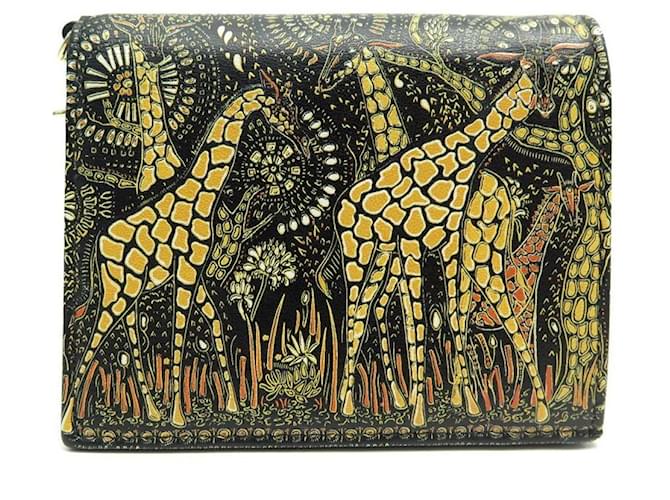 NEW CHRISTIAN DIOR WALLET MINI LADY ANIMALS GIRAFES BLACK LEATHER WALLET  ref.393291