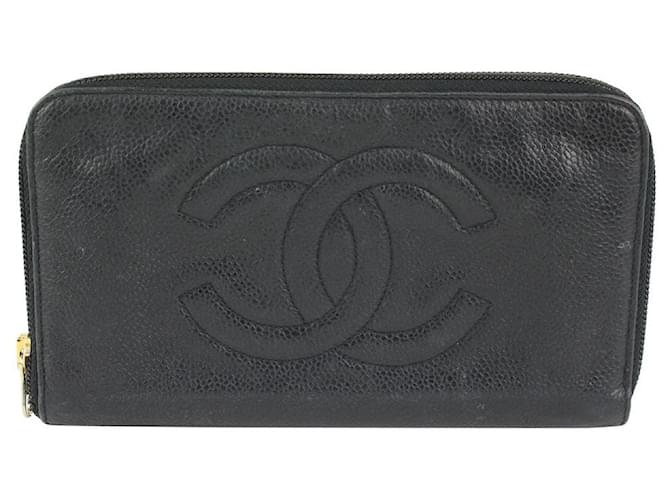 Chanel Portefeuille long zippé noir à soufflet en L avec logo Caviar CC Cuir  ref.393447