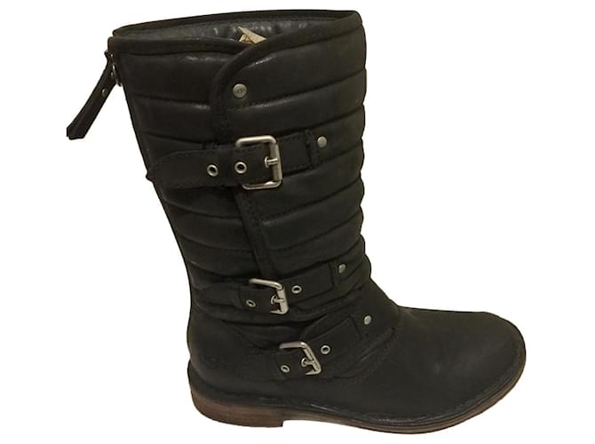 Ugg biker boots with zip and buckles Black Leather  ref.393464