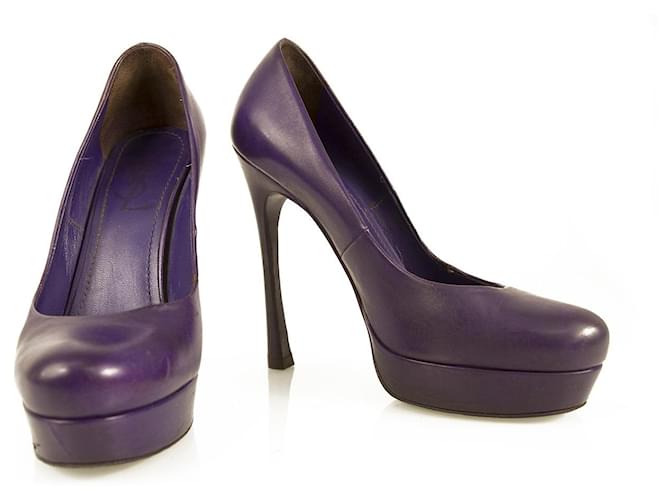 Yves Saint Laurent YSL Tribute Purple Leather Round toe Platform Heels Pumps 37  ref.393475