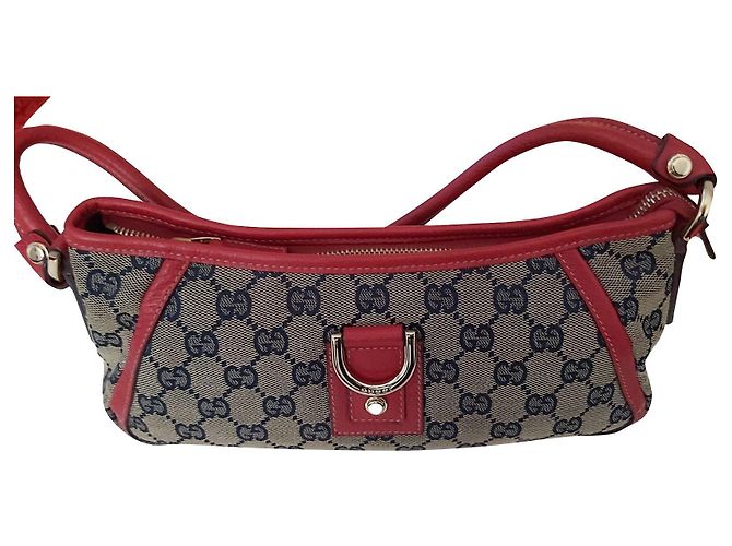 Bolsa de mão Gucci em couro vermelho e tecido com fecho dourado Azul marinho