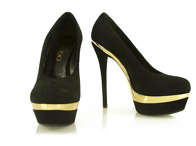 RODO Black Suede Gold Platform Pumps Stiletto Heel sz 36.5 Shoes w. Box  ref.393572