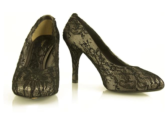 Dolce & Gabbana Dolce Gabbana Escarpins à talons hauts ornés de dentelle florale noire en cuir gris 39  ref.393613
