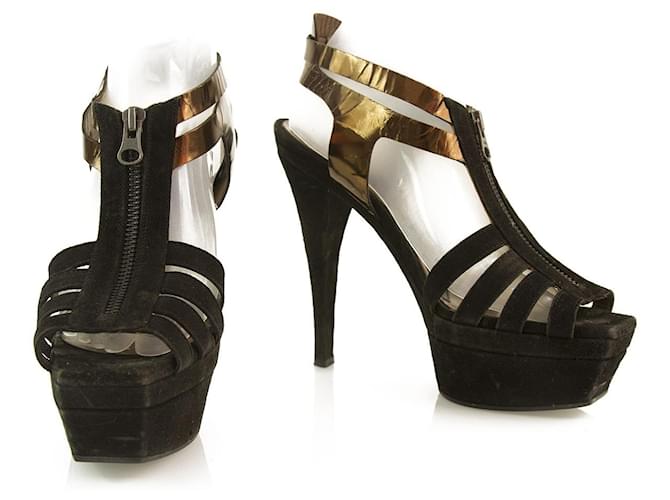 Marni Black Suede and Metallic Leather Cage Sandal Platforms – Sz38  ref.393775