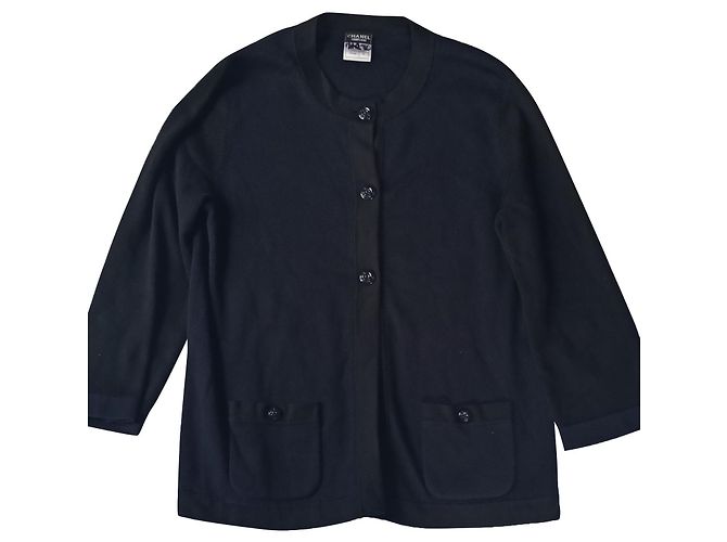 Cambon Chanel Uniform Strickjacke marineblau mit Camelia Knöpfen Haselnuss