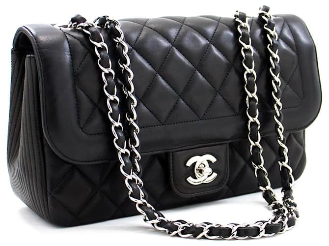 CHANEL Single Flap Silver Chain Shoulder Bag Black Lambskin Purse