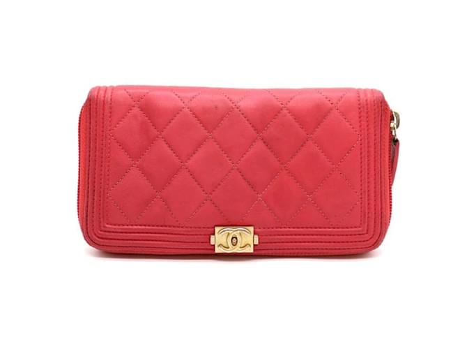 Chanel Red Lambskin Leather Logo Zip Around Wallet  ref.393868