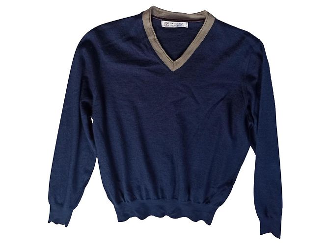 Brunello Cucinelli blauer Pullover aus Kaschmir und Seide mit V-Ausschnitt