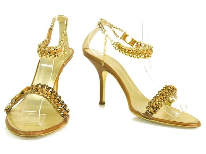 Roberto Cavalli gold & tan leather chain sandals slides ankle strap sz 37 Golden  ref.394474