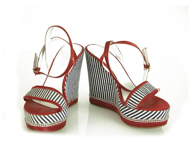 Autre Marque Solo Per Te Blue White Stripes Red Crystals Wedge Platform Sandales chaussures ( 39 ?) Multicolore  ref.394482