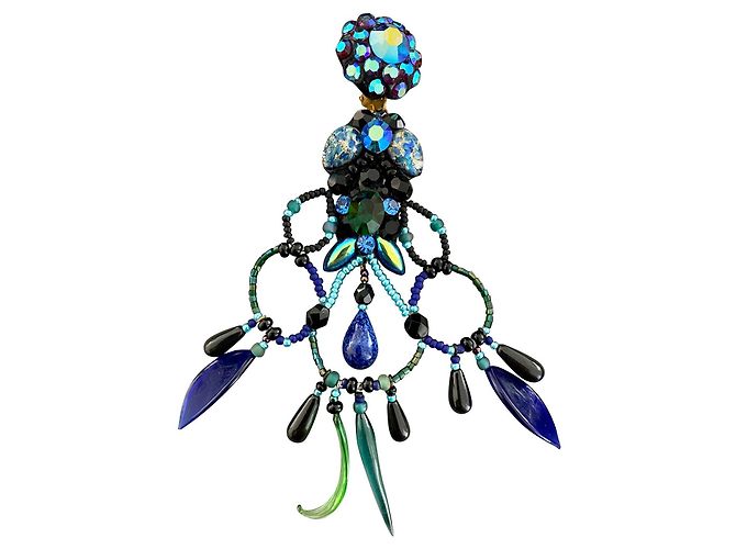 Autre Marque Orecchini pendenti in vetro e strass blu pavone