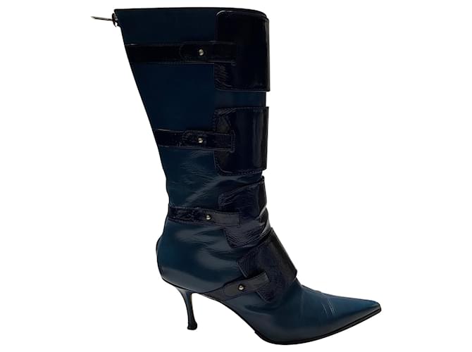 Jimmy Choo Pointy Toe Leather Zip Up Boots in Blue Leather  ref.396024