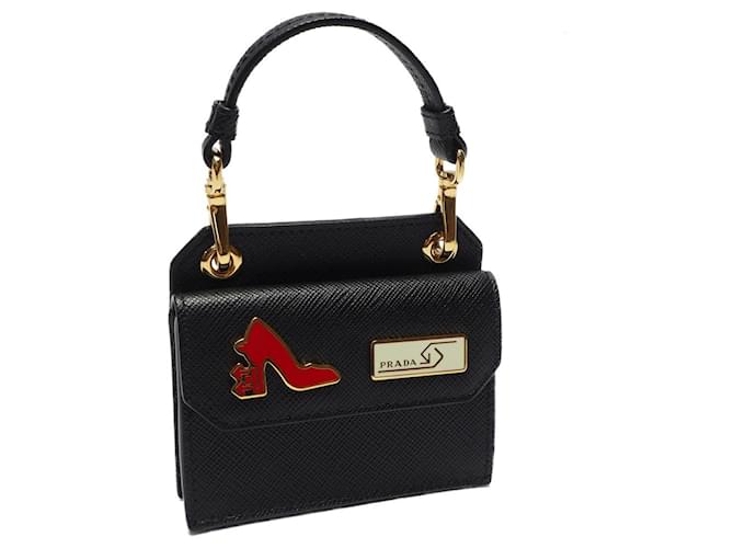 [Usado] Prada Saffiano Card Case Card Folder Bag Charm Ladies High Heels Motif Logo Plate Saffiano Leather Negro Cuero  ref.396100