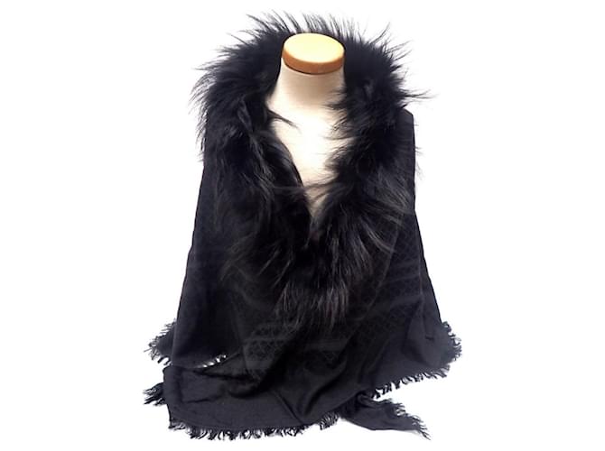 Gucci Horsebit Fox Fur Shawl Black Silk Wool  ref.396206