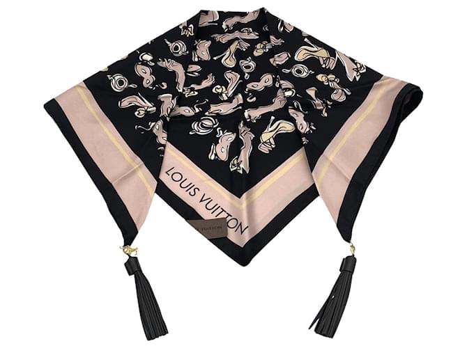 Louis Vuitton limited edition silk foulard with leather pendants Black Pink  ref.397322