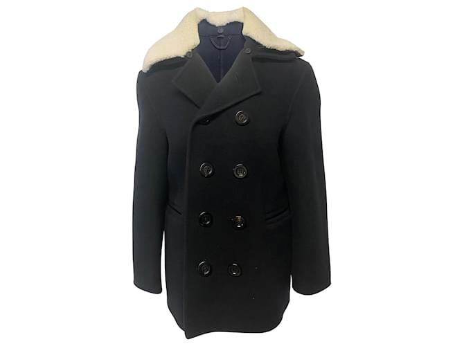 Burberry Double Breasted Coat with Shearling Collar in Black Wool  ref.397339